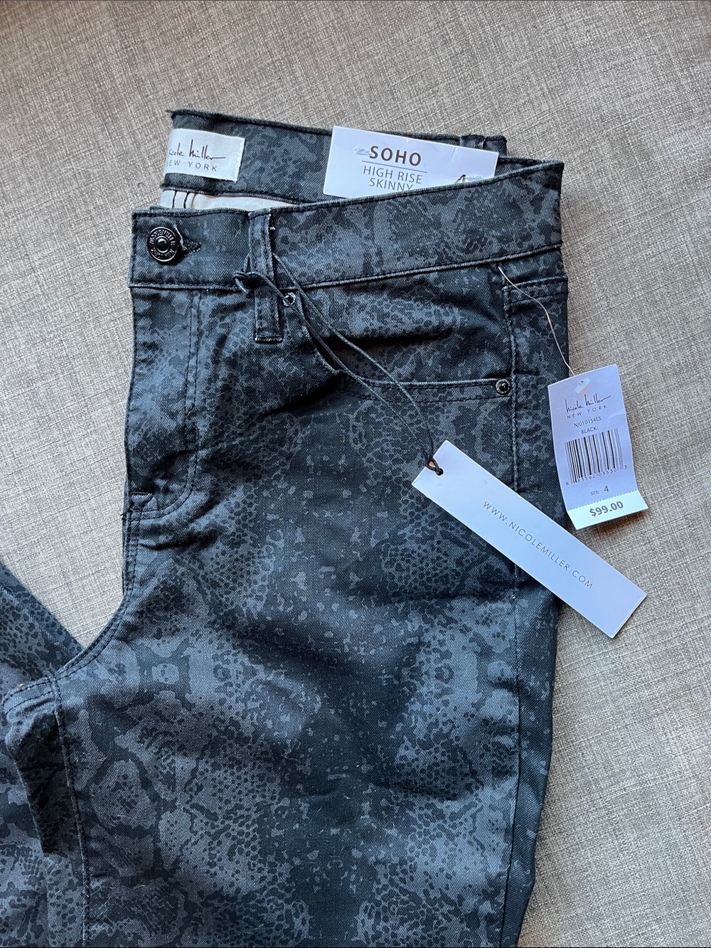 Nicole Miller Soho High-Rise Skinny Black Snakeskin Print Jeans NWT 4 - Picture 2 of 7
